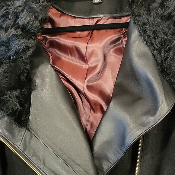 NEW Badgley Mischka willow leather trim fur collar zip coat size L - Picture 4 of 8